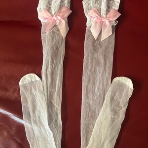 Sheer White Thigh-High Stockings with Pink Bows